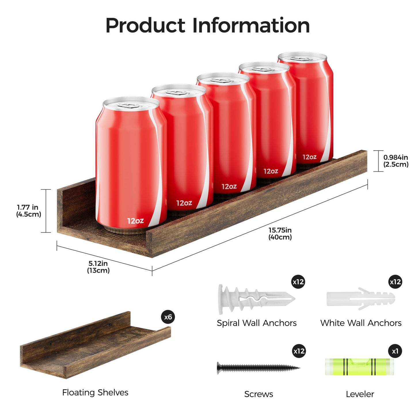 Wood Floating Wall Shelves – Set of 6, Brown