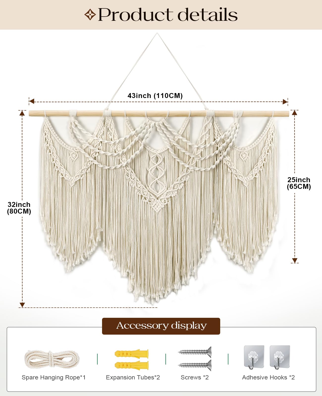Large Macrame Wall Hanging – 43" x 32", Boho Tassel