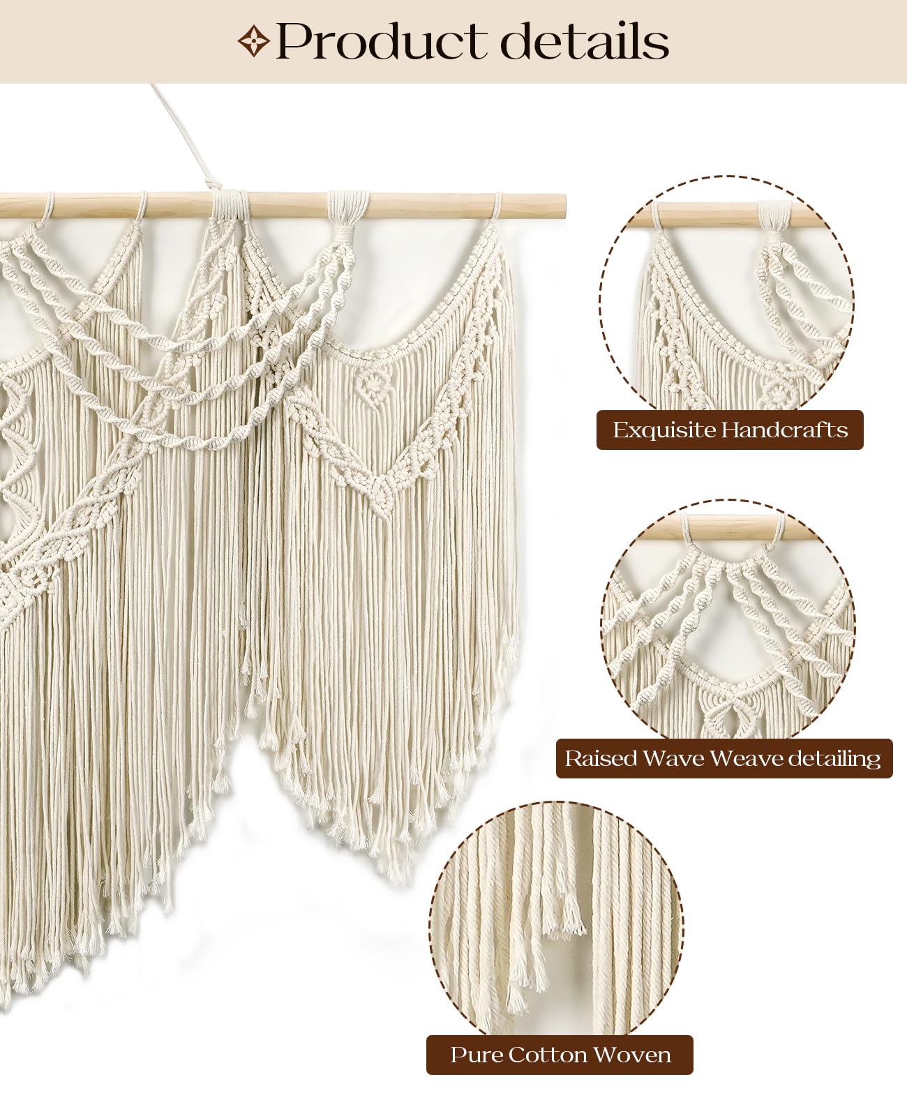 Large Macrame Wall Hanging – 43" x 32", Boho Tassel