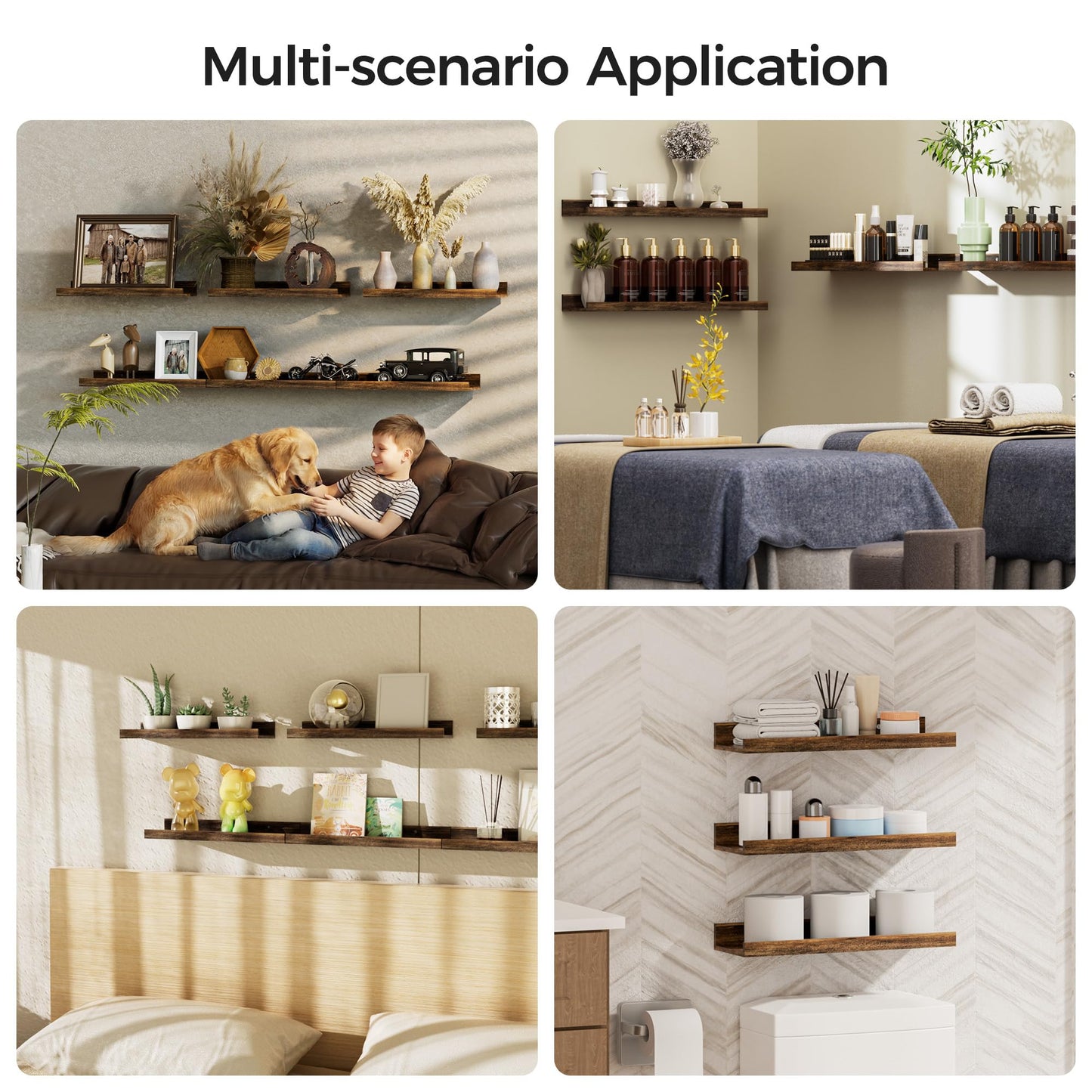 Wood Floating Wall Shelves – Set of 6, Brown